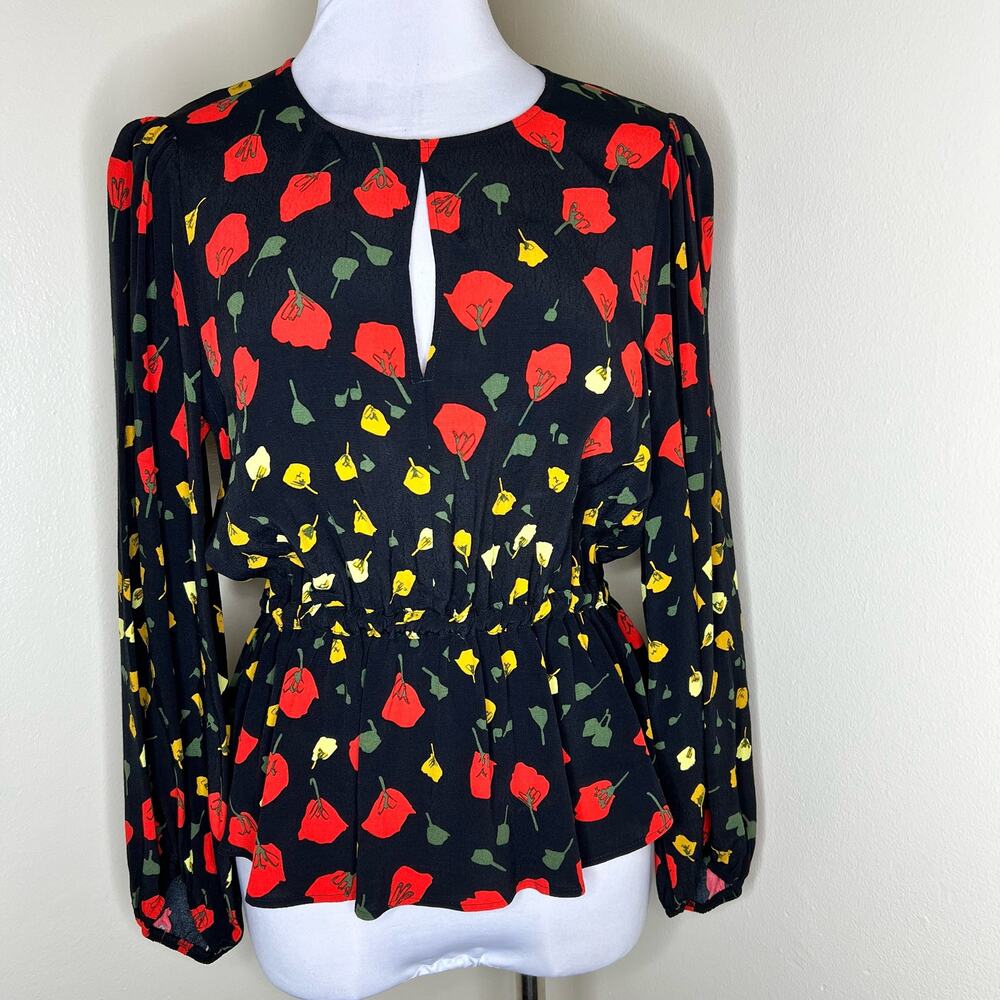 Banana Republic Top Blouse Small Womens Floral Peplum Keyhole Long Sleeve Black
